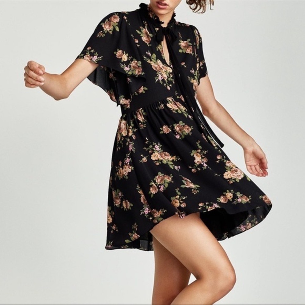 Zara Woman flutter sleeve black floral mini dress